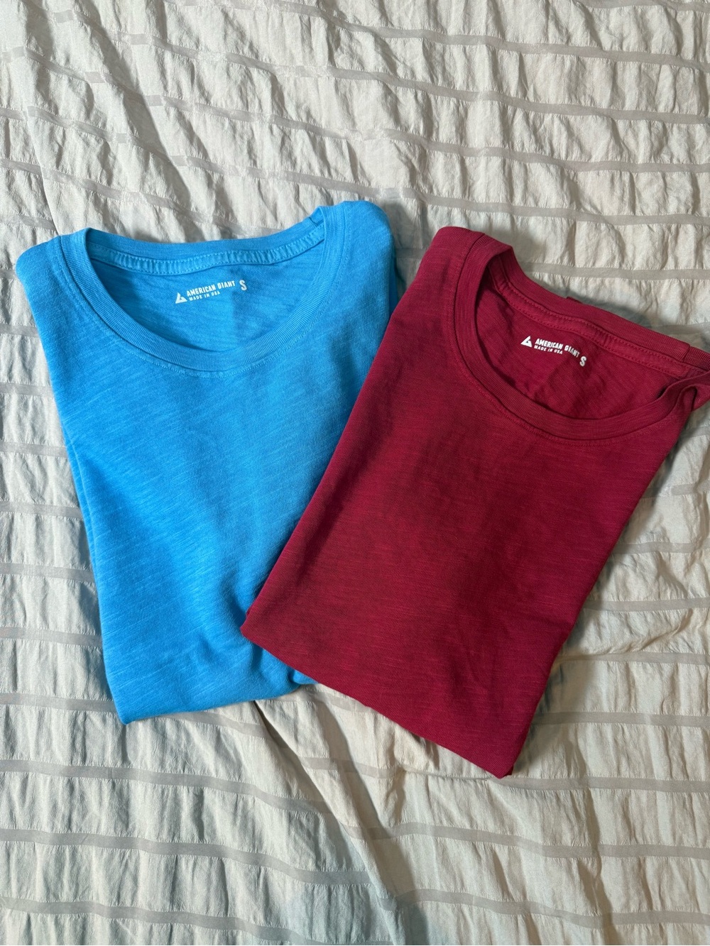 2 American Giant 100% Cotton Men’s Short Sleeve Tees - Blue and Red